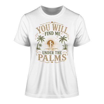 Weißes tailliertes Shirt mit Vintage-Palms-Design, Palmenmotiv und sommerlichem Freiheitsgefühl.