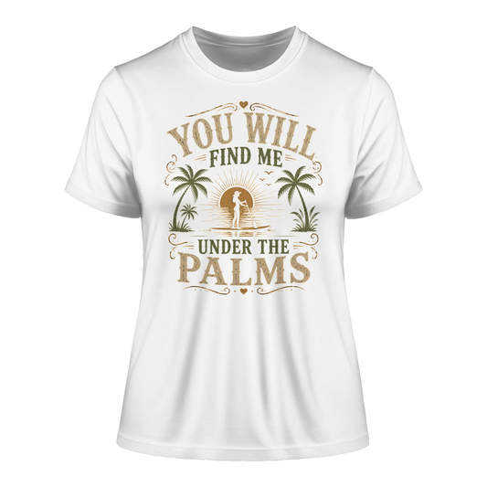 Weißes tailliertes Shirt mit Vintage-Palms-Design, Palmenmotiv und sommerlichem Freiheitsgefühl.